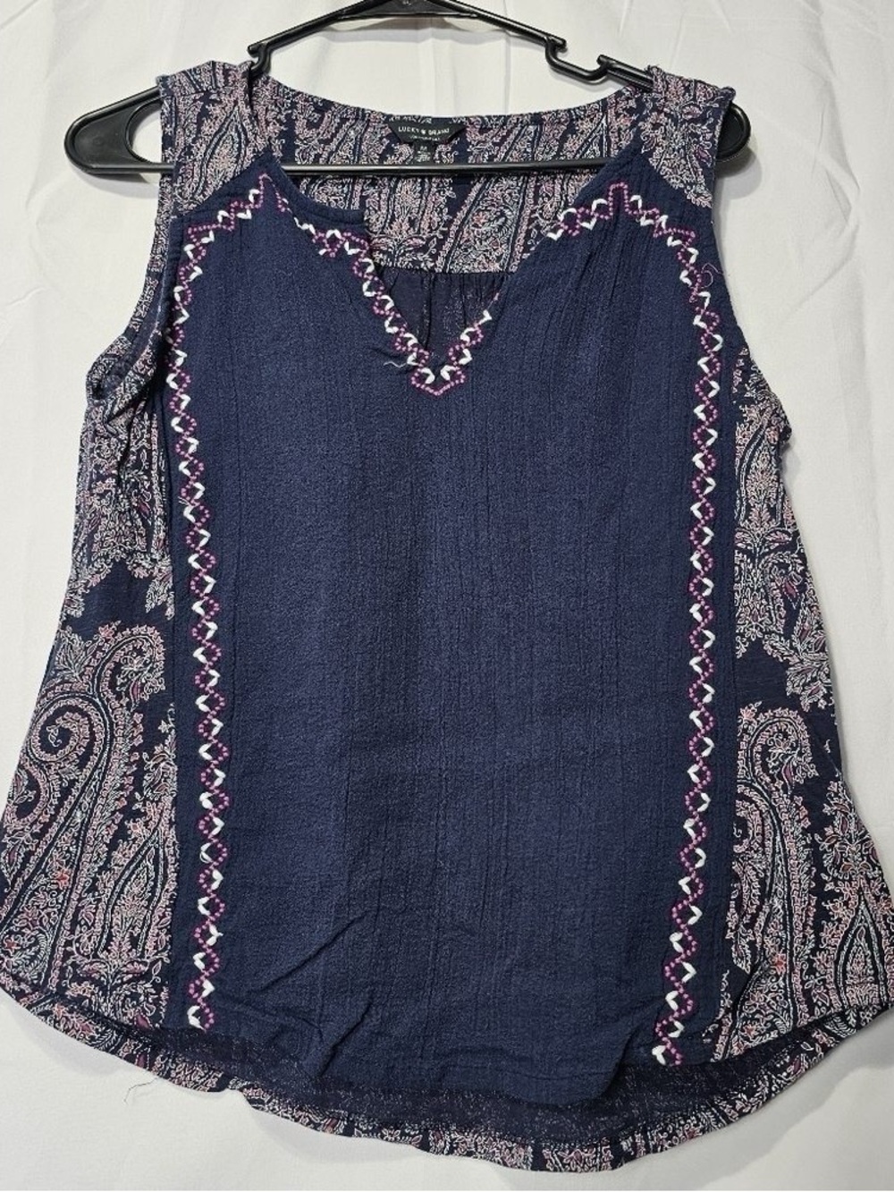 Lucky Brand Navy Sleeveless Top with Pink & White Embroidery